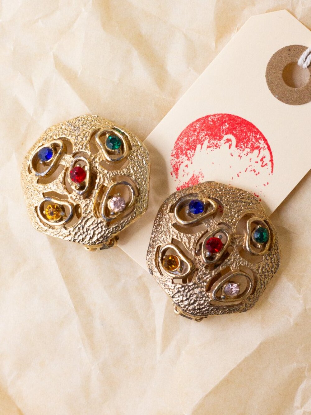 Vintage Gold Tone Multicolor Rhinestone Clip-On Earrings | Textured Statement